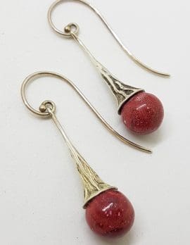 Sterling Silver Coral Ball in Long Ornate Cone Drop Earrings