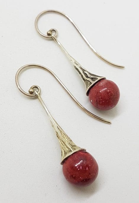 Sterling Silver Coral Ball in Long Ornate Cone Drop Earrings