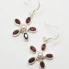 Sterling Silver Pearl and Garnet Flower Drop Earrings