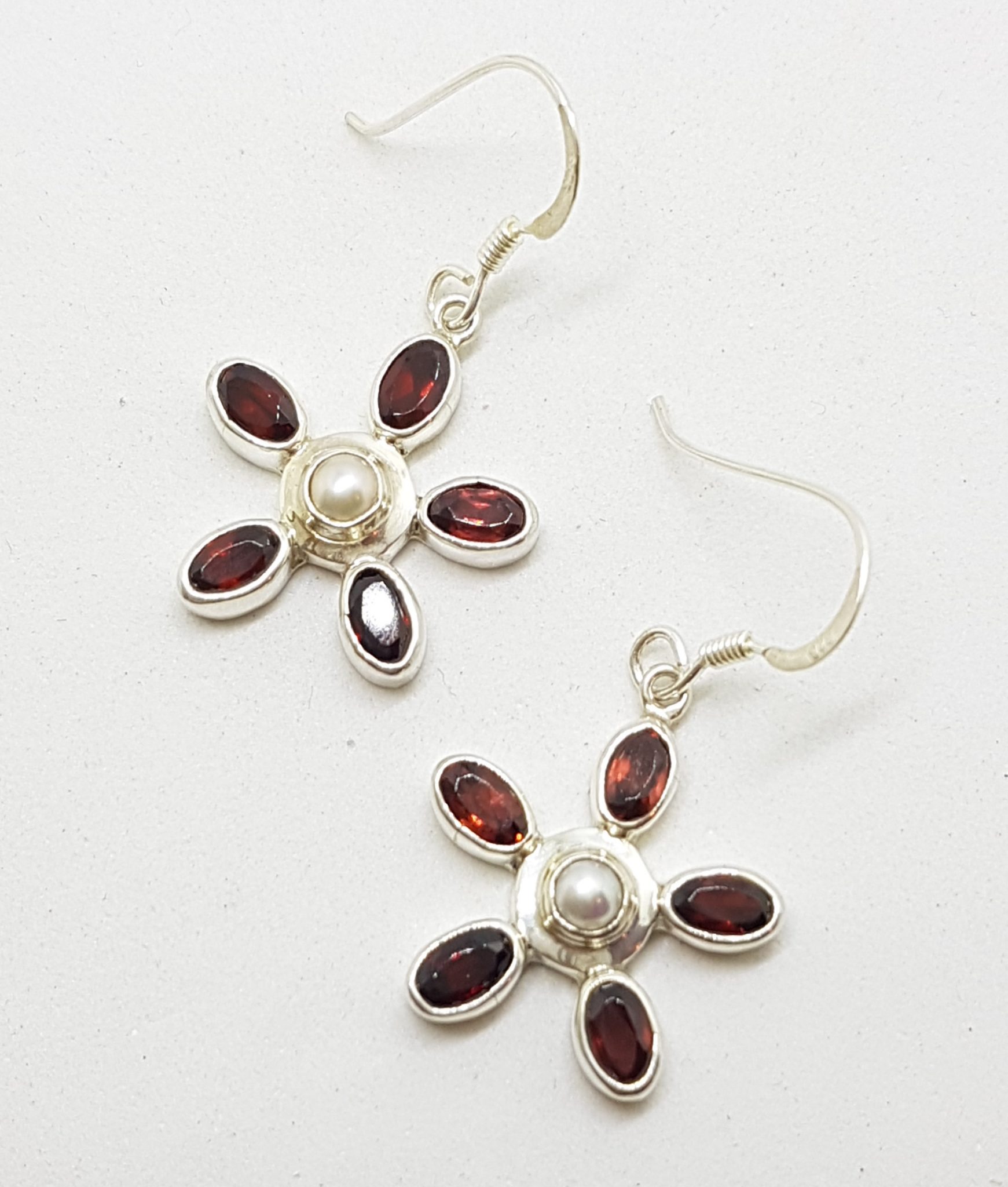 Sterling Silver Pearl and Garnet Flower Drop Earrings