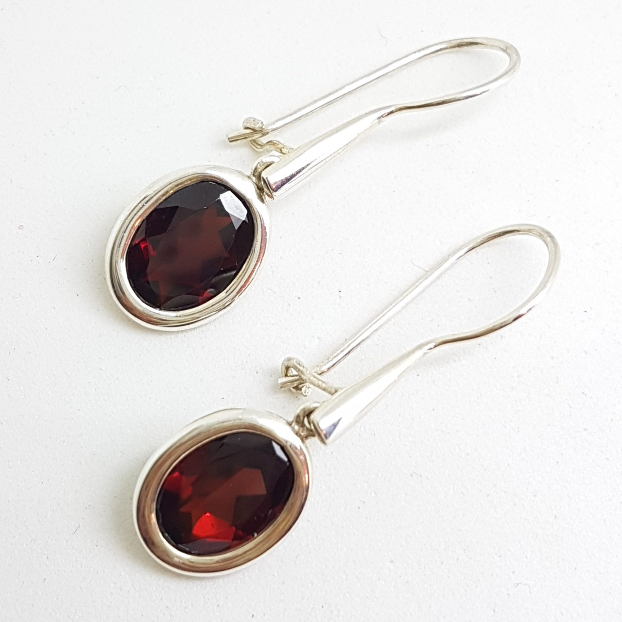Sterling Silver Oval Garnet Long Line Drop Earrings