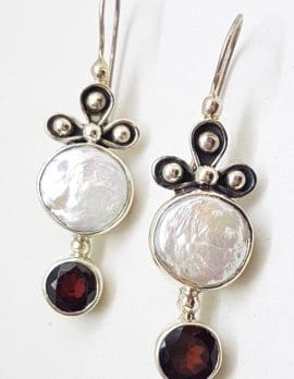 Sterling Silver Garnet and Pearl Long Drop Earrings