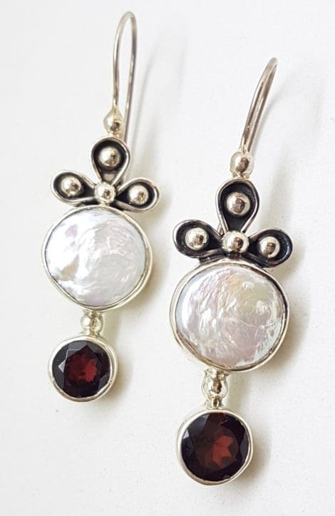 Sterling Silver Garnet and Pearl Long Drop Earrings