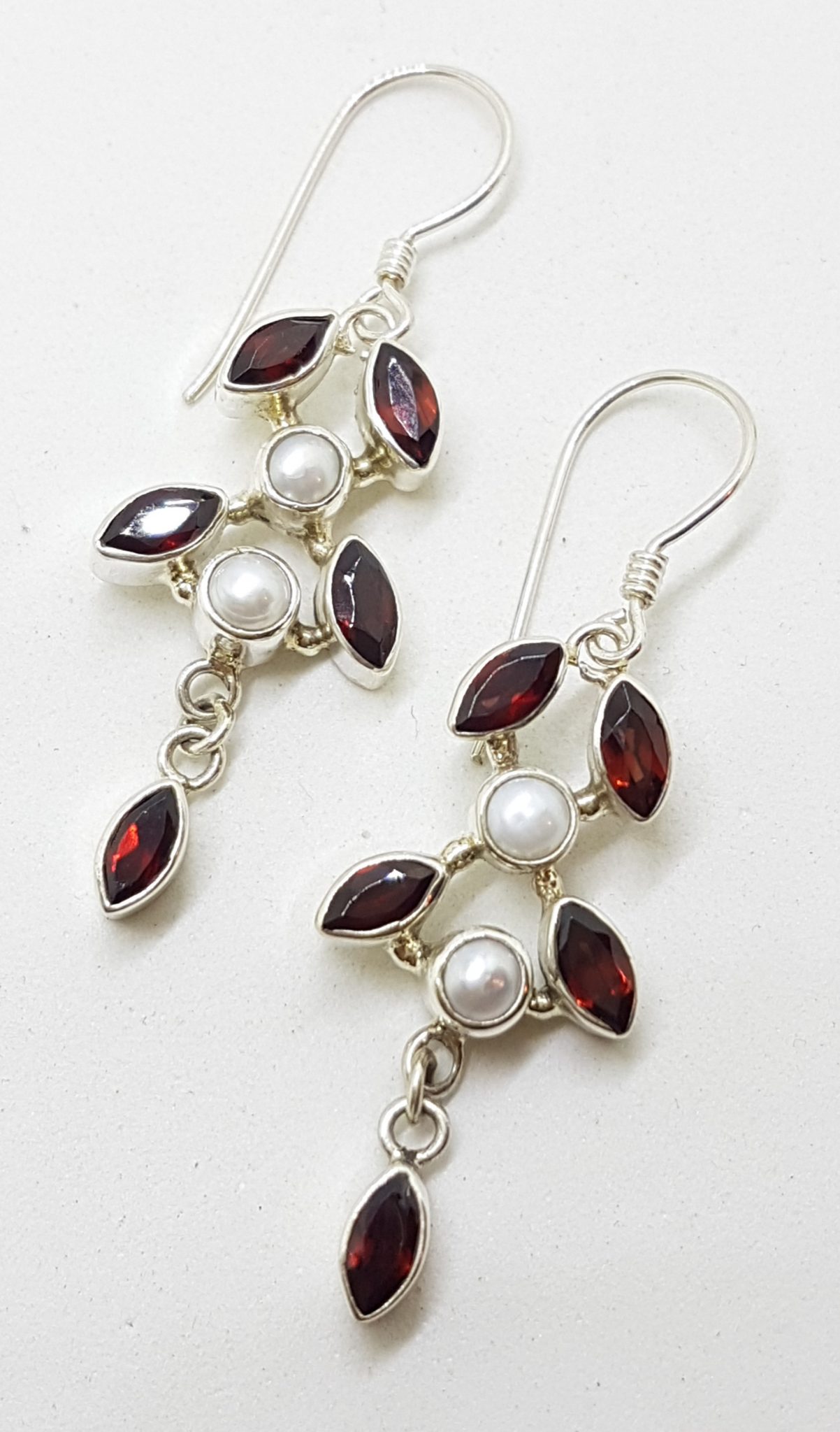 20200809_132728 Sterling Silver Garnet & Pearl Leaf Design Long Drop Earrings