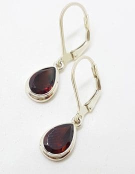 Sterling Silver Teardrop / Pear Shape Garnet Drop Earrings
