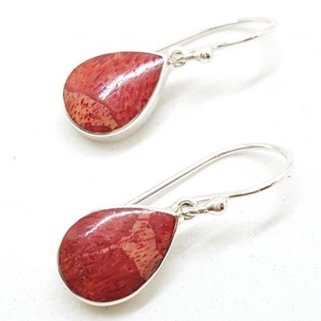 Sterling Silver Pear Shape / Teardrop Coral Drop Earrings