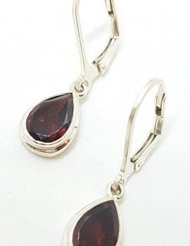 Sterling Silver Teardrop / Pear Shape Garnet Drop Earrings