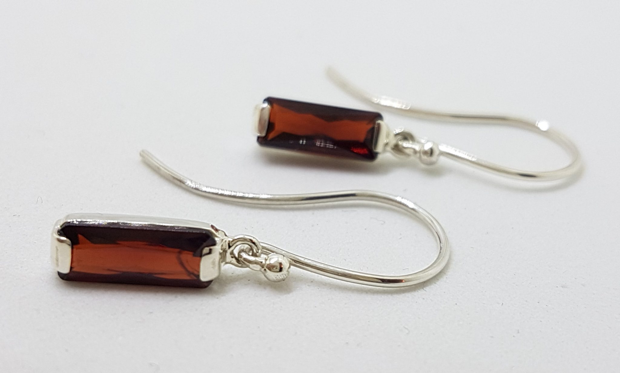 Sterling Silver Long Rectangular Garnet Drop Earrings