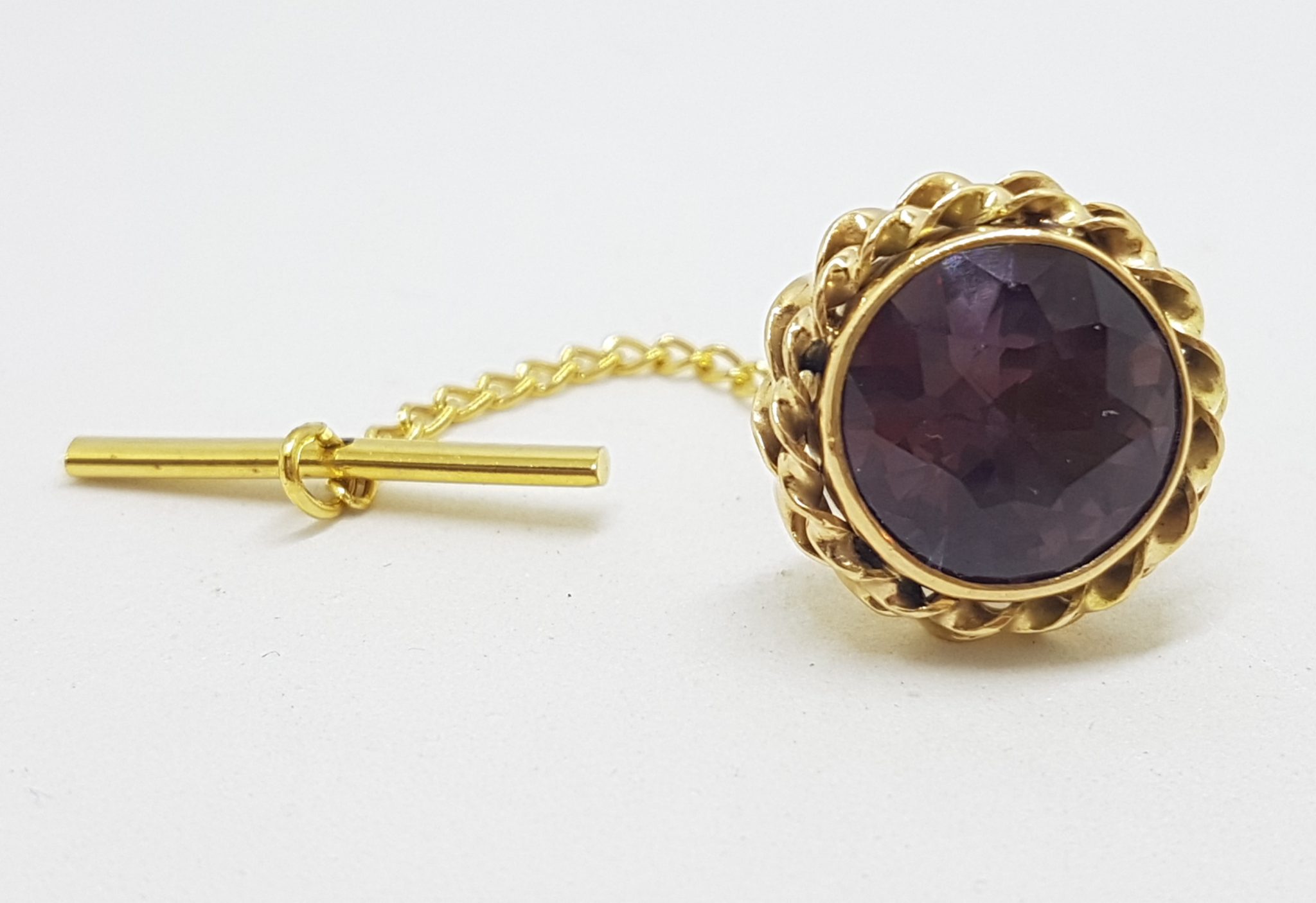 14ct Yellow Gold Large Round Purple Stone Cufflinks & Stud Set - Vintage / Antique