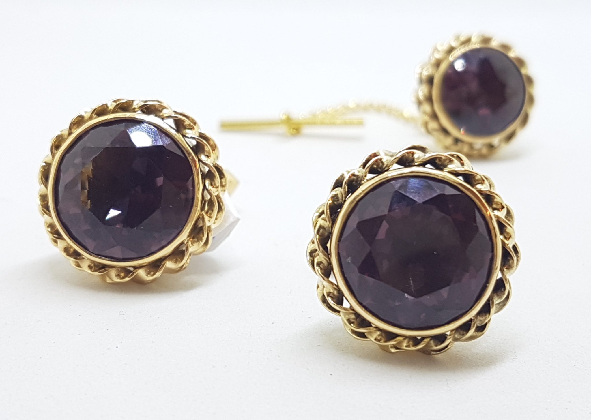 14ct Yellow Gold Large Round Purple Stone Cufflinks & Stud Set - Vintage / Antique