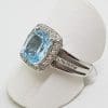 9ct White Gold Blue Topaz Surrounded by Diamonds Rectangular Cluster Ring