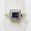 18ct White Gold Natural Sapphire Surrounded by Diamonds Square Cluster Ring