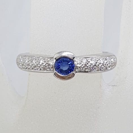 18ct White Gold Natural Sapphire with Pave Set Diamonds Ring