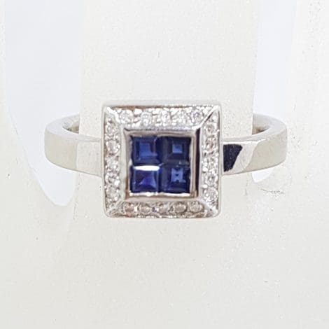 18ct White Gold Natural Sapphire Surrounded by Diamonds Square Cluster Ring