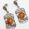 Sterling Silver Natural Baltic Amber Round in Large Ornate / Filigree Rectangular Drop Earrings