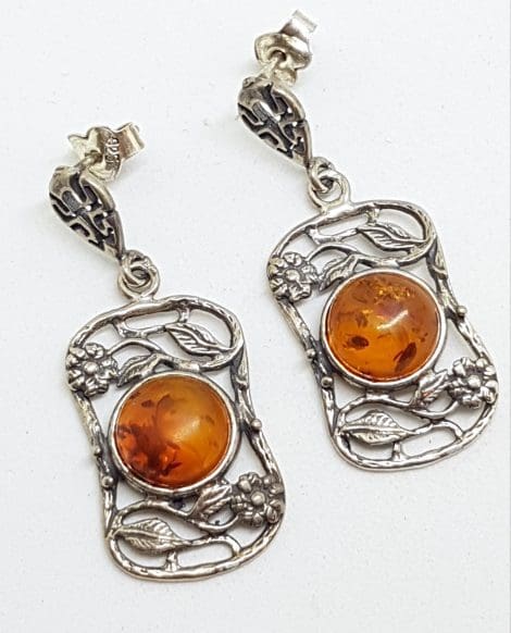 Sterling Silver Natural Baltic Amber Round in Large Ornate / Filigree Rectangular Drop Earrings