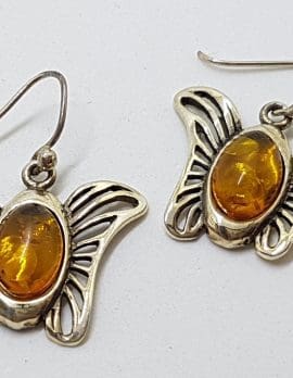 Sterling Silver Natural Amber Large Butterfly Drop Earrings