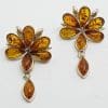 Sterling Silver Natural Amber Large Cluster with Drop Stud Earrings