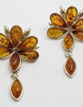 Sterling Silver Natural Amber Large Cluster with Drop Stud Earrings