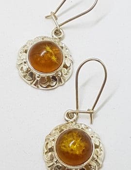 Sterling Silver Natural Baltic Amber Ornate / Filigree Round Drop Earrings