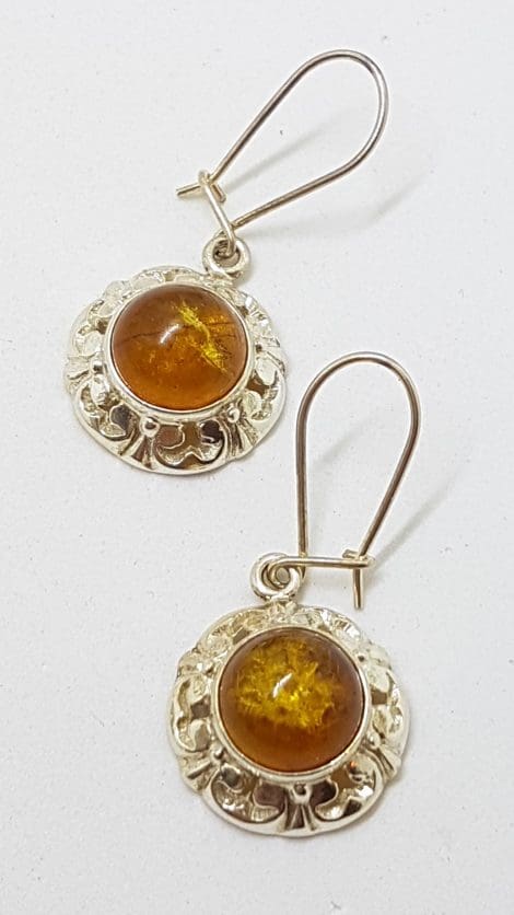 Sterling Silver Natural Baltic Amber Ornate / Filigree Round Drop Earrings