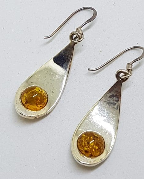 Sterling Silver Natural Baltic Amber Round in Long Drop Earrings