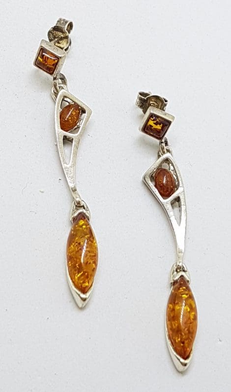 Sterling Silver Natural Baltic Amber Very Long Stud / Drop Earrings