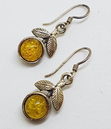 Sterling Silver Natural Baltic Amber Leaf Design Drop Earrings