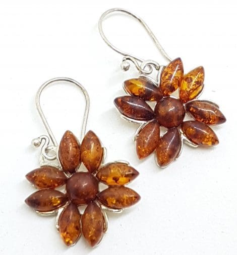 Sterling Silver Natural Baltic Amber Large Flower Cluster Drop Earrings