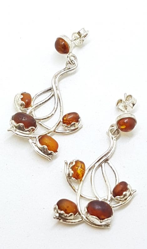 Sterling Silver Natural Baltic Amber Large Ornate Twist Drop Earrings