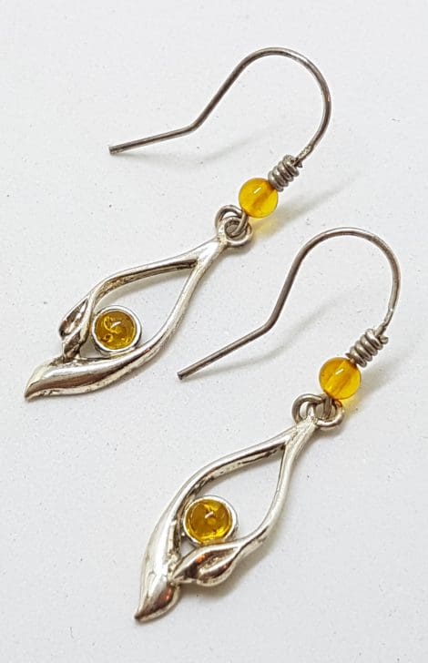 Sterling Silver Natural Baltic Amber Delicate Long Drop Earrings