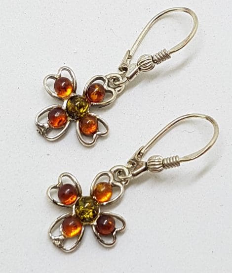 Sterling Silver Natural Baltic Amber Cross Brown and Green Drop Earrings