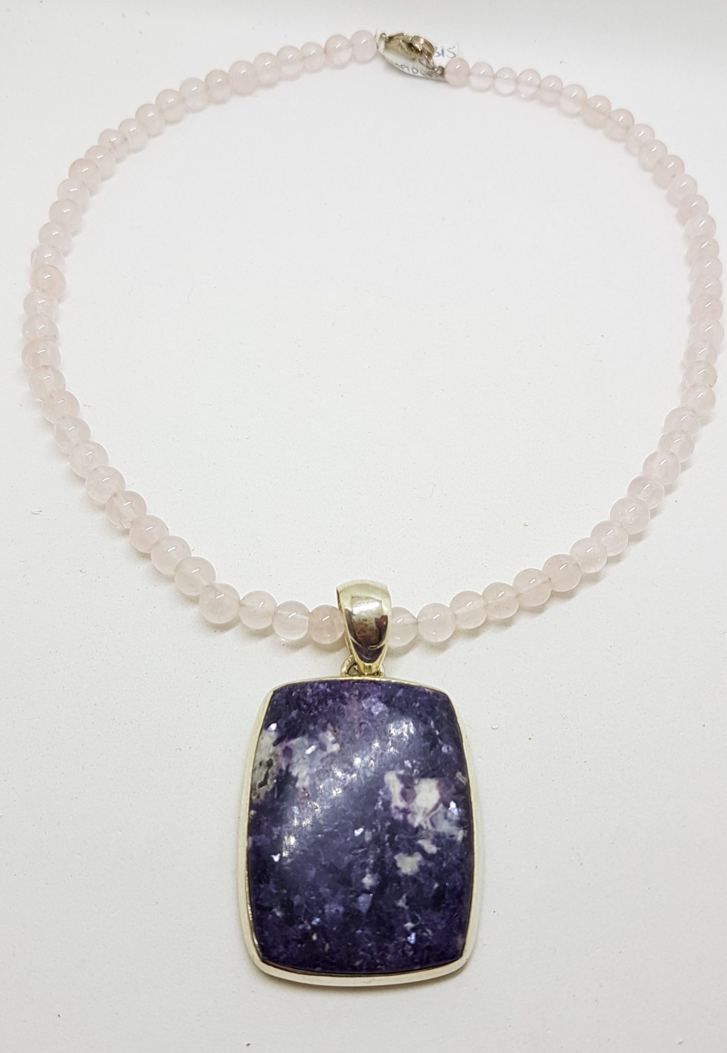 20200813_200521 Sterling Silver Large Rectangular Charoite Pendant on Rose Quartz and Silver Bead Necklace / Chain