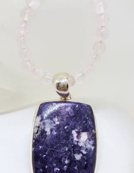 Sterling Silver Large Rectangular Charoite Pendant on Rose Quartz and Silver Bead Necklace / Chain