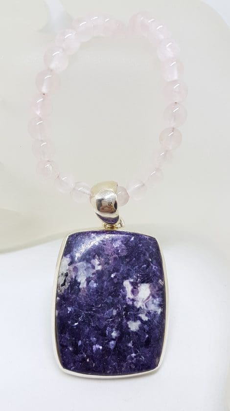 Sterling Silver Large Rectangular Charoite Pendant on Rose Quartz and Silver Bead Necklace / Chain
