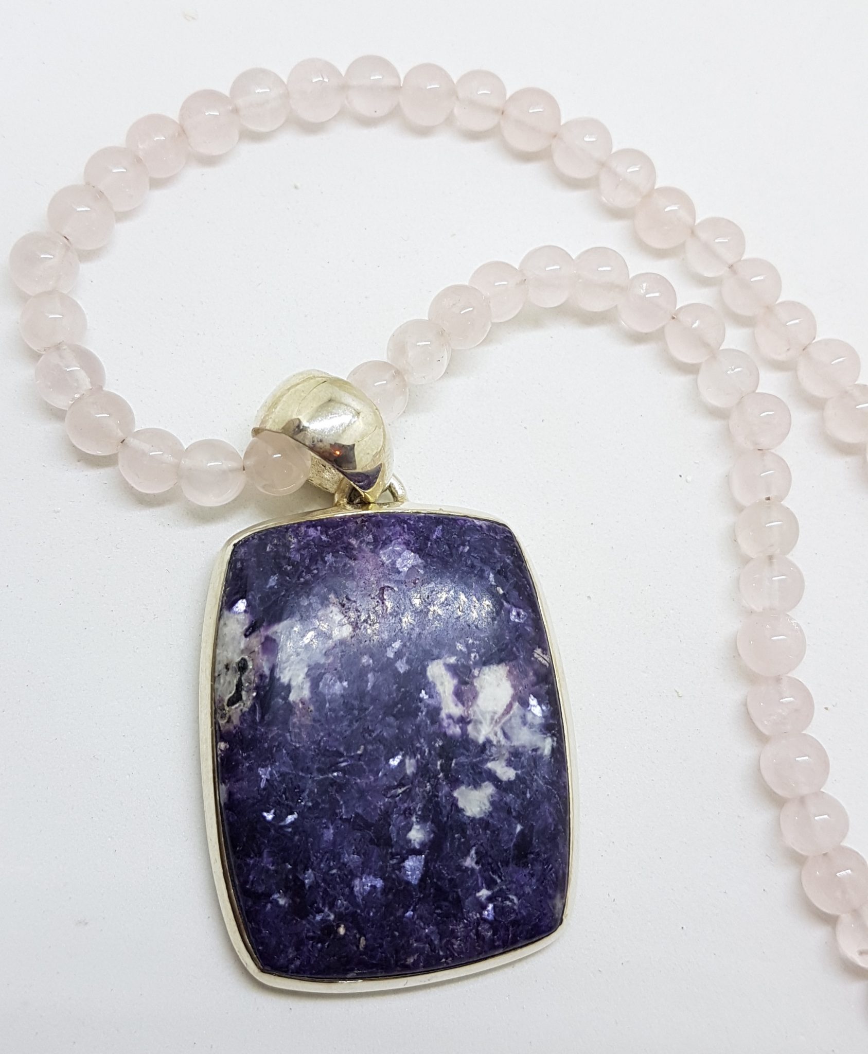 20200813_200607 Sterling Silver Large Rectangular Charoite Pendant on Rose Quartz and Silver Bead Necklace / Chain