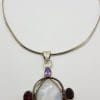Sterling Silver Large Moonstone, Amethyst and Garnet Pendant on Silver Choker Necklace / Chain