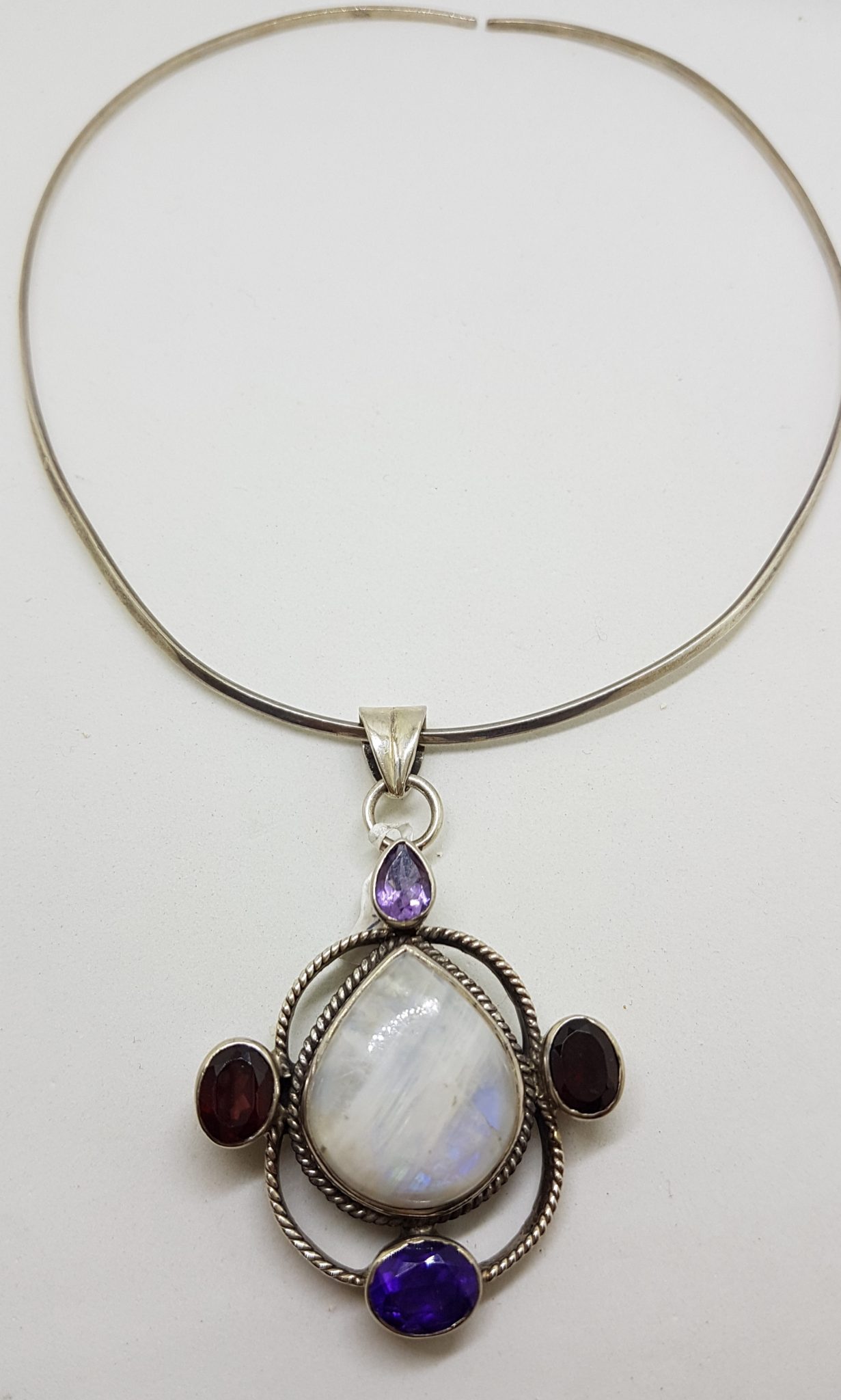 Sterling Silver Large Moonstone, Amethyst and Garnet Pendant on Silver Choker Necklace / Chain