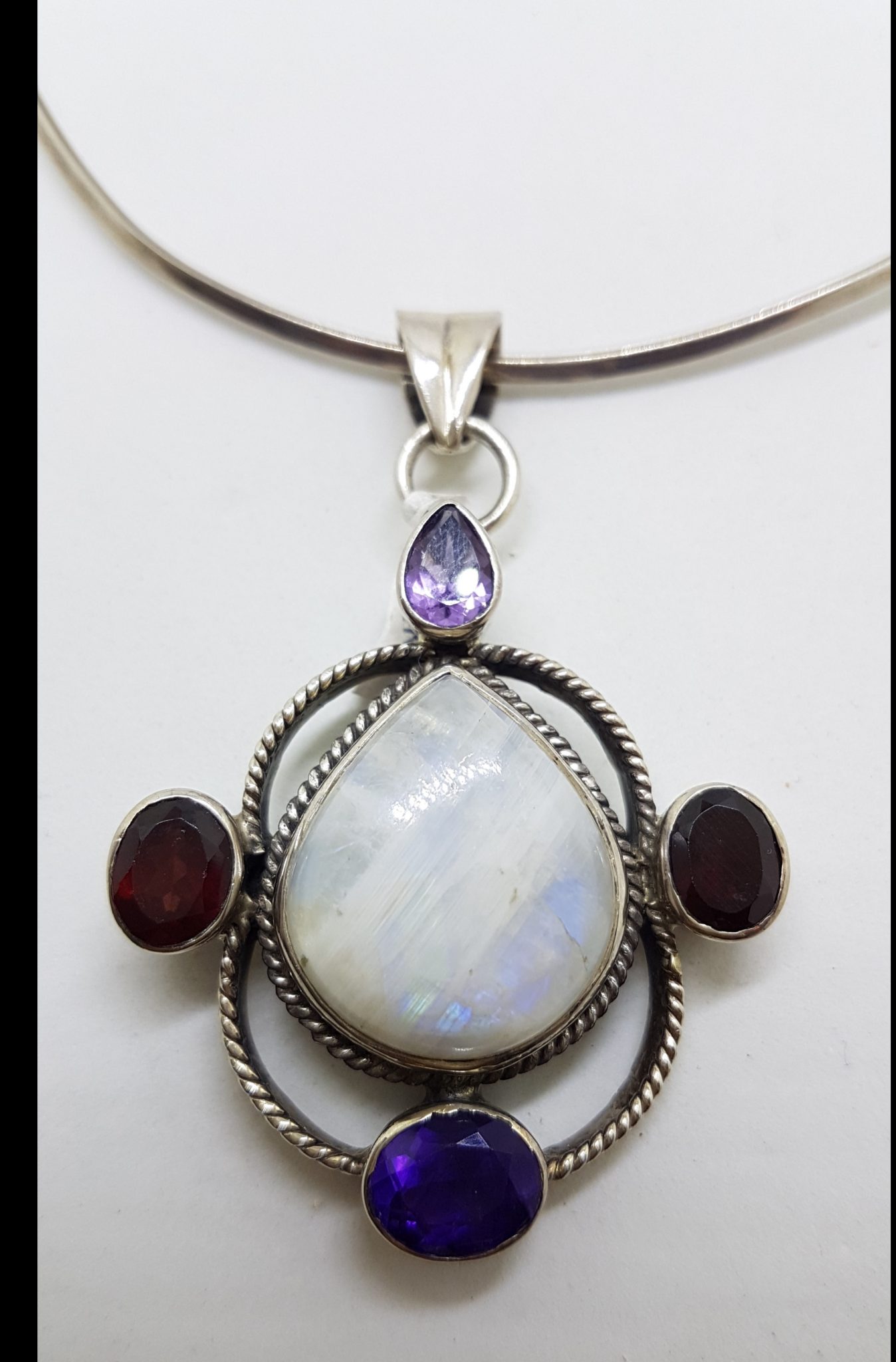 Sterling Silver Large Moonstone, Amethyst and Garnet Pendant on Silver Choker Necklace / Chain