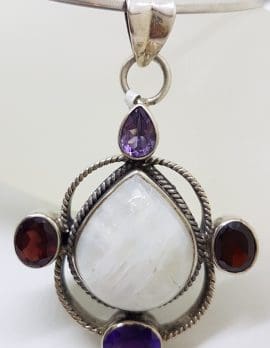 Sterling Silver Large Moonstone, Amethyst and Garnet Pendant on Silver Choker Necklace / Chain