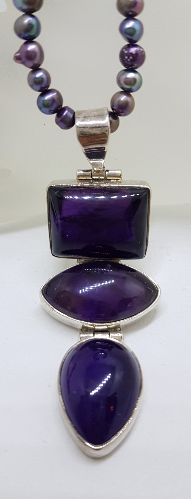 20200813_200754 Sterling Silver Large and Long Three Stone Cabochon Cut Amethyst Pendant on Pearl Necklace / Chain