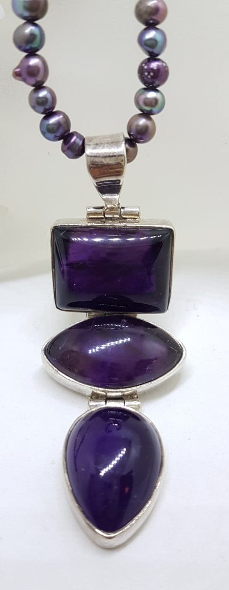Sterling Silver Large and Long Three Stone Cabochon Cut Amethyst Pendant on Pearl Necklace / Chain
