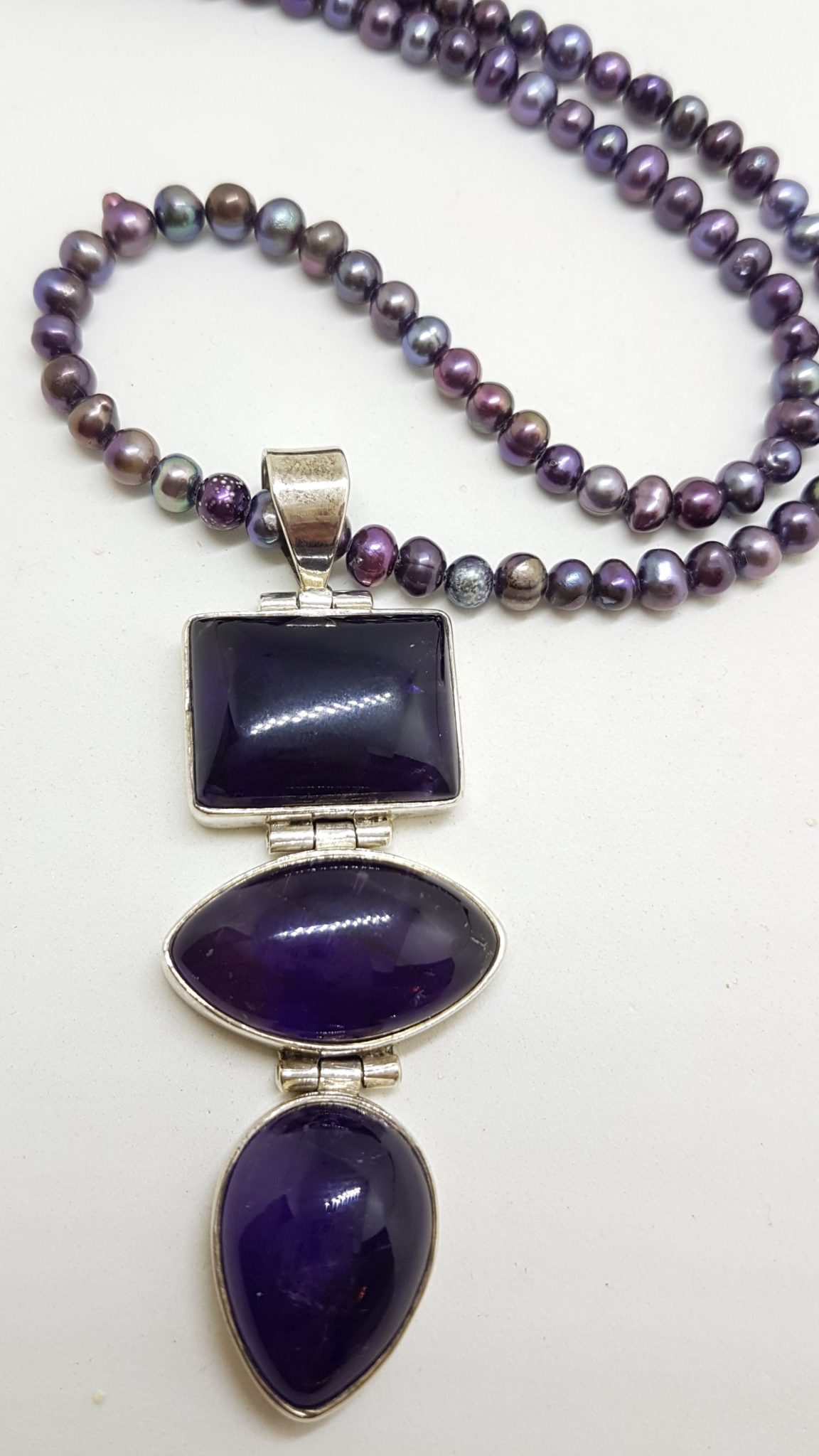 20200813_200848 Sterling Silver Large and Long Three Stone Cabochon Cut Amethyst Pendant on Pearl Necklace / Chain