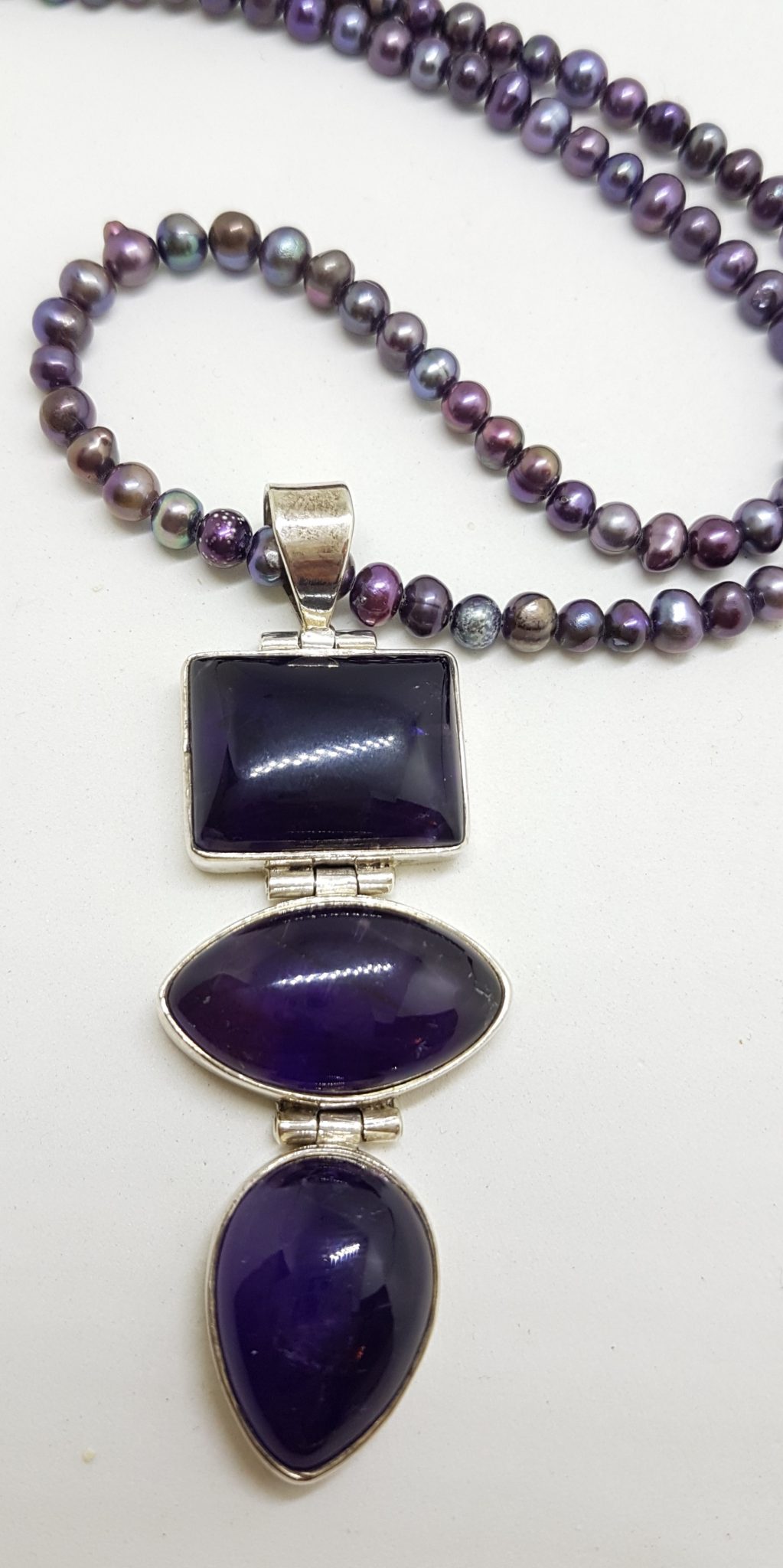 20200813_200909 Sterling Silver Large and Long Three Stone Cabochon Cut Amethyst Pendant on Pearl Necklace / Chain