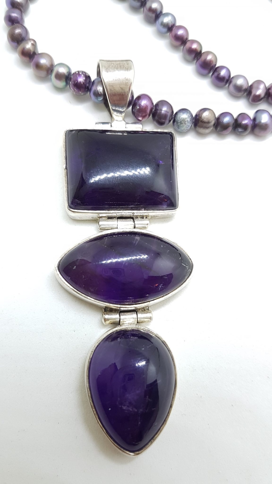 20200813_200927 Sterling Silver Large and Long Three Stone Cabochon Cut Amethyst Pendant on Pearl Necklace / Chain