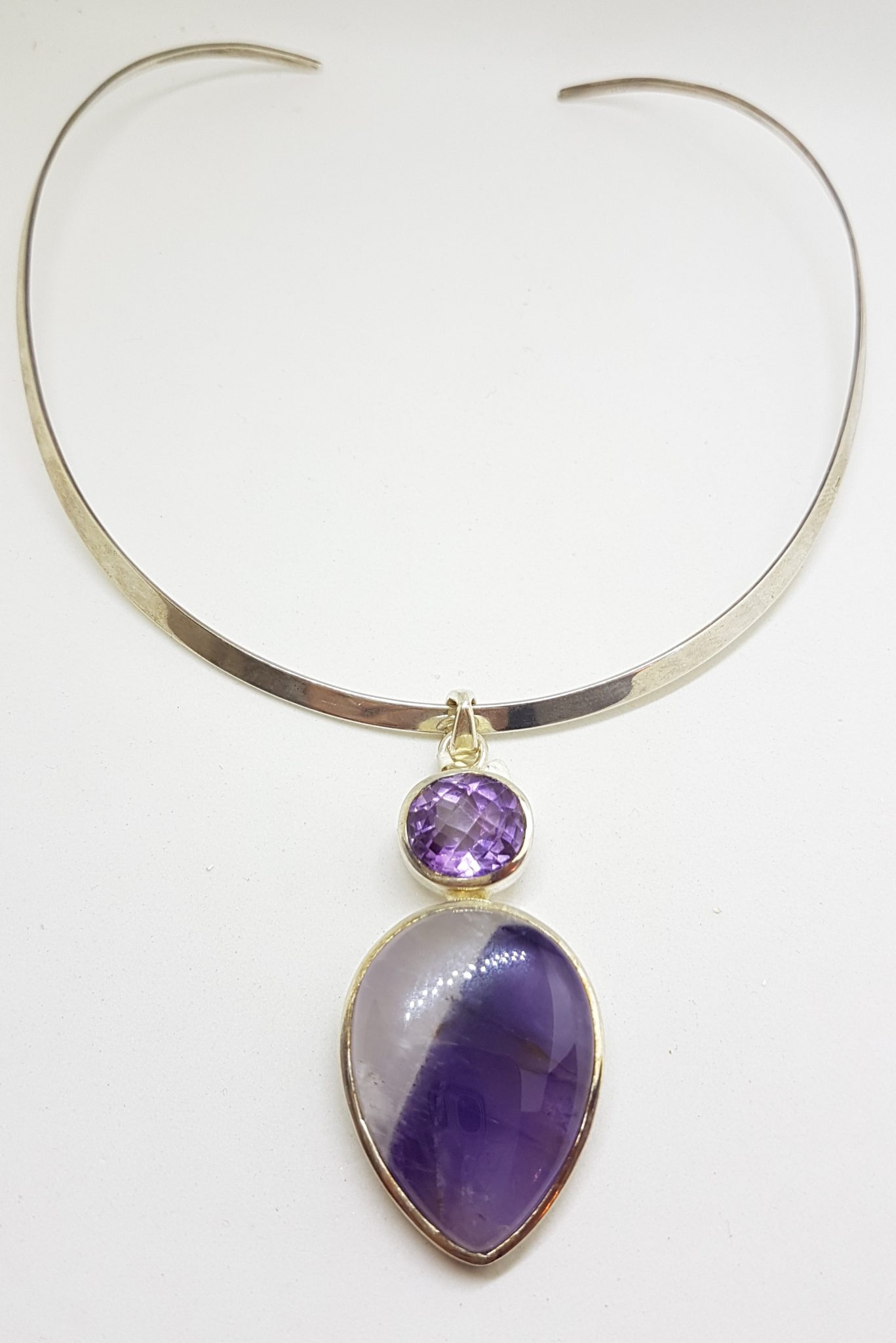 20200813_200948 Sterling Silver Large Teardrop Shaped Cabochon Amethyst with Oval Faceted Amethyst Pendant on Sterling Silver Choker