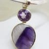 Sterling Silver Large Teardrop Shaped Cabochon Amethyst with Oval Faceted Amethyst Pendant on Sterling Silver Choker