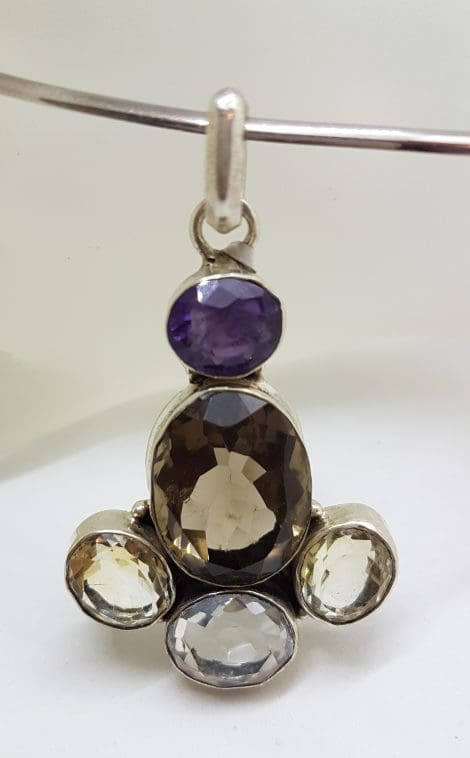 Sterling Silver Large Smokey Quartz, Amethyst, Clear Crystal Quartz and Citrine Pendant on Silver Choker Necklace