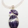 Sterling Silver Large Amethyst and Clear Crystal Quartz Pendant on Silver Rose Quartz Bead Necklace