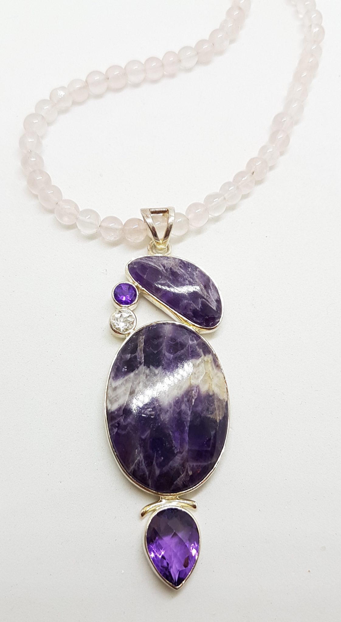 Sterling Silver Large Amethyst and Clear Crystal Quartz Pendant on Silver Rose Quartz Bead Necklace